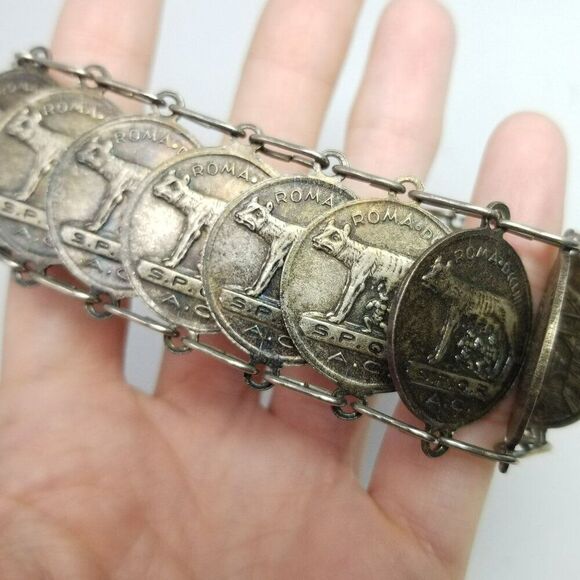 Vintage Faux Coin Cow Charm Bracelet, E.P.Q.R Signed, Silver Tone, Estate - Picture 4 of 5